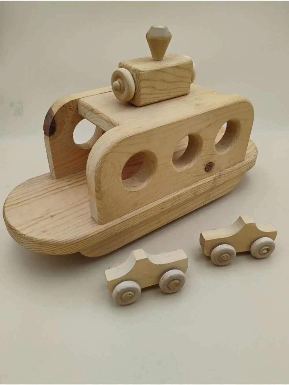 Handcrafted Wooden Ferry Boat With Two Cars – Vintage Pine Wood Toy 14